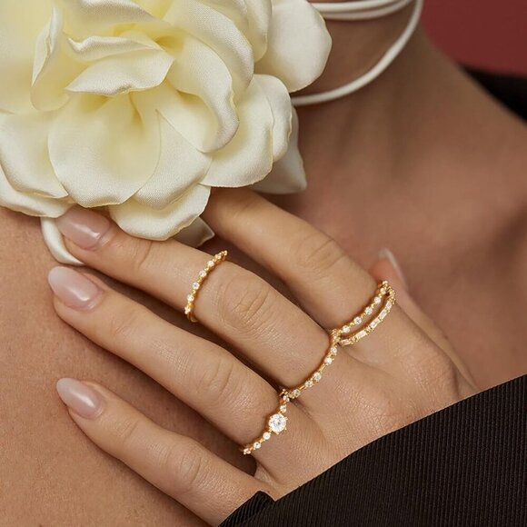 Trendy 5PCS Non-Tarnish Gold Stacking Rings with Cubic Zirconia - Size 6-10 - Picture 5 of 6